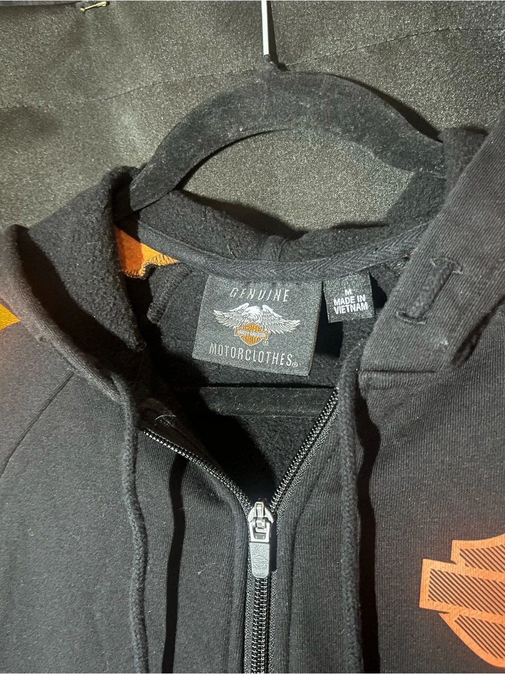 Harley-Davidson Black Zip Hoodie with Orange & White Accents
